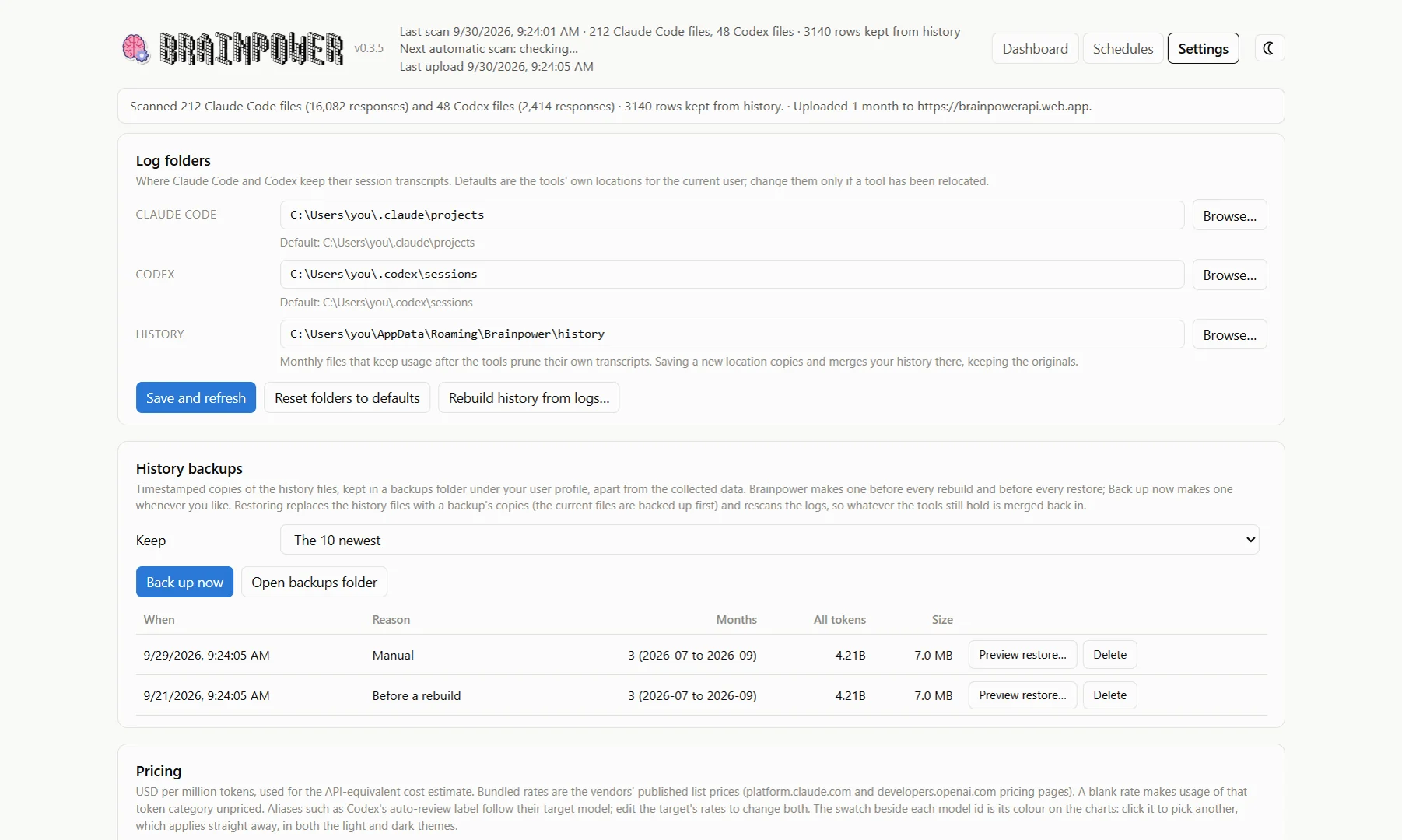 The Settings tab: the log folder and history paths, the per-model pricing table with colour swatches, and the startup, automatic scan, subscription limit and cloud sync cards